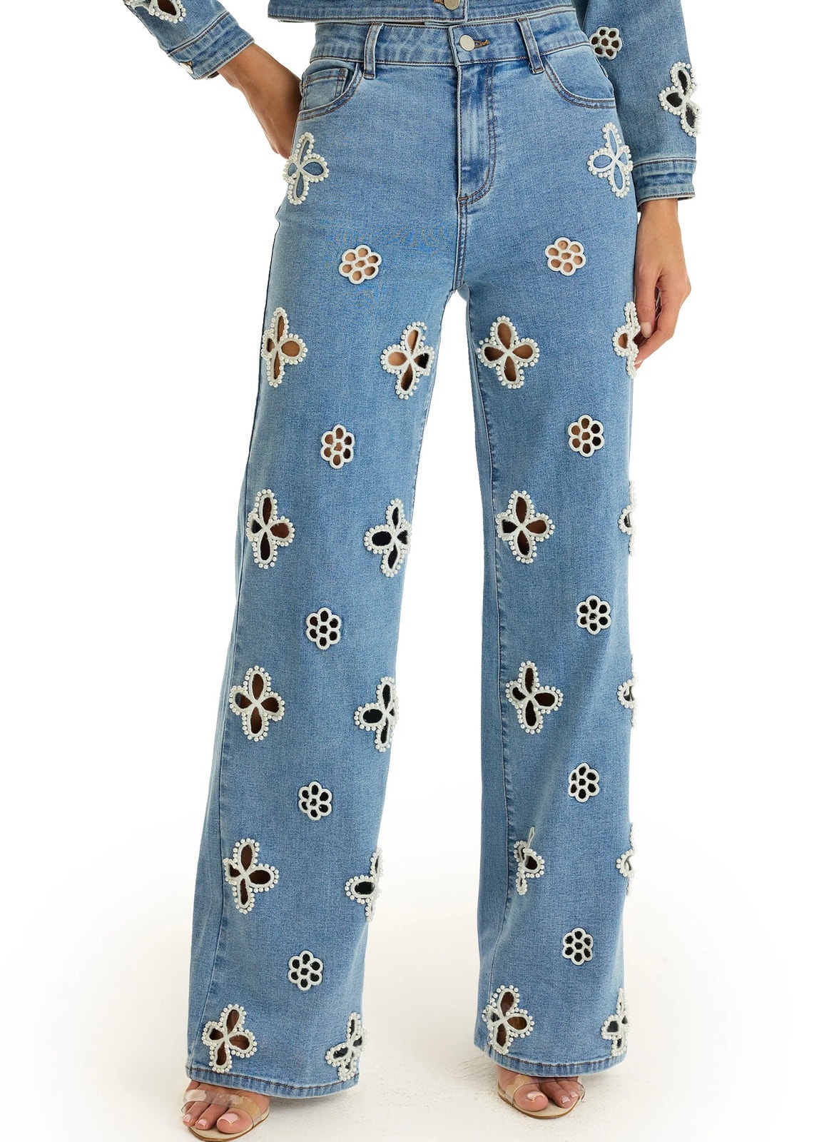 The Noli Shop Kaia Pearl High Rise Jean Blue Petite Wide Leg Size 28 Nwt